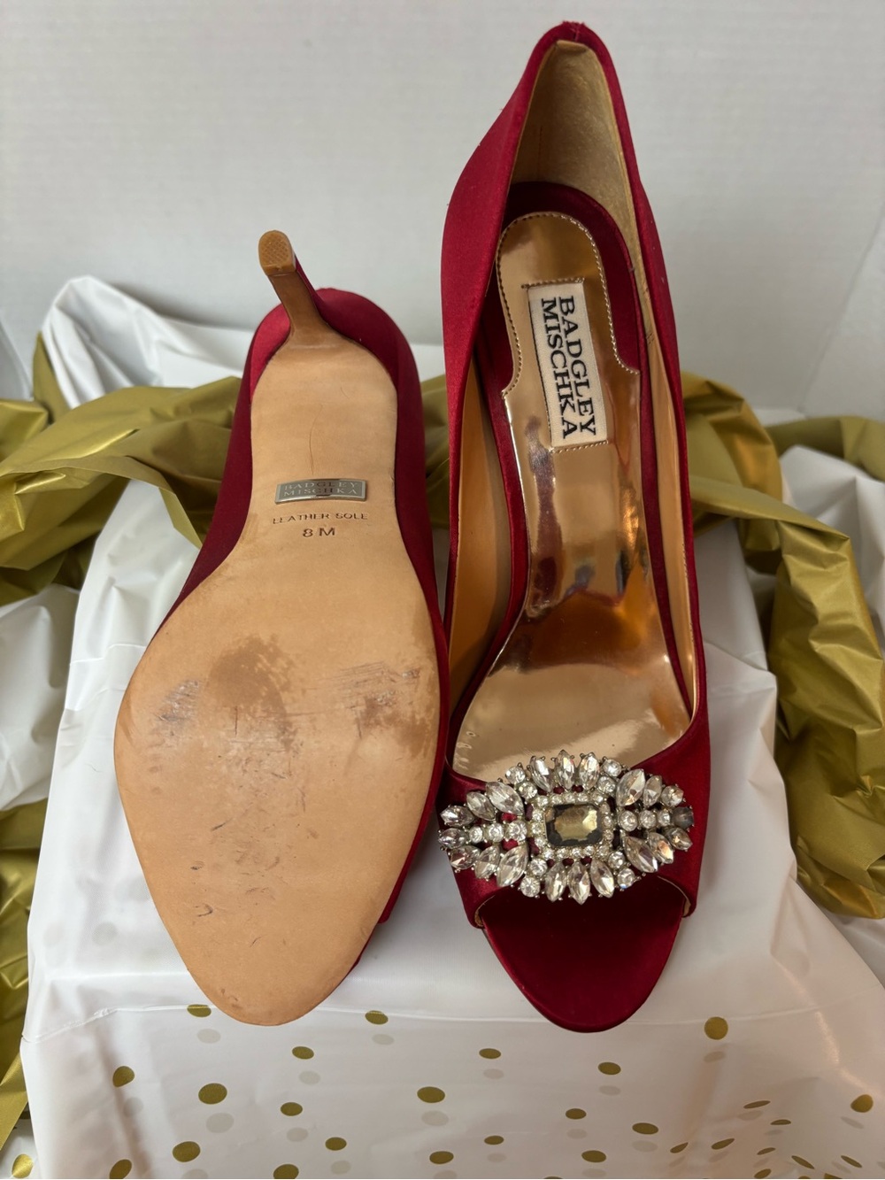 Badgley Mischka Red Satin Crystal-Embellished Peep-Toe Heels - Picture 2 of 3